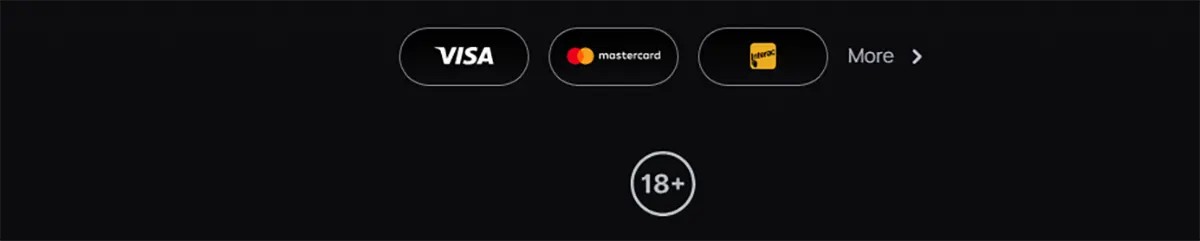 Casino footer displaying Visa, Mastercard, and Interac payment options with a “More” link and an 18+ age restriction icon on a dark background.