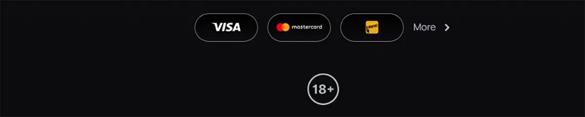 Casino footer displaying Visa, Mastercard, and Interac payment options with a “More” link and an 18+ age restriction icon on a dark background.