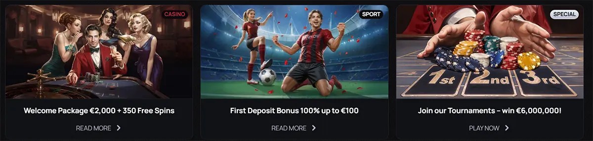 Casino homepage banners showing three promotions: a welcome package of €2,000 plus 350 free spins, a first deposit bonus up to €100 for sports betting, and a tournament promotion with a €6,000,000 prize pool, each with call-to-action buttons on a dark-themed interface.