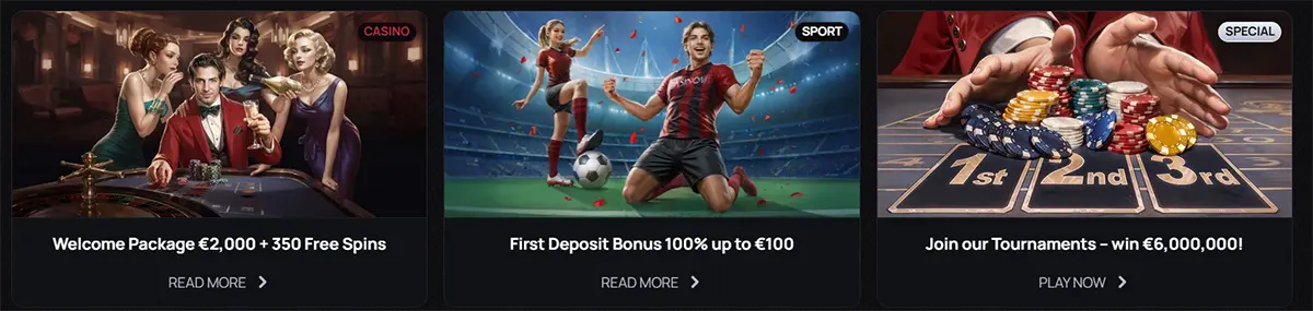 Casino homepage banners showing three promotions: a welcome package of €2,000 plus 350 free spins, a first deposit bonus up to €100 for sports betting, and a tournament promotion with a €6,000,000 prize pool, each with call-to-action buttons on a dark-themed interface.