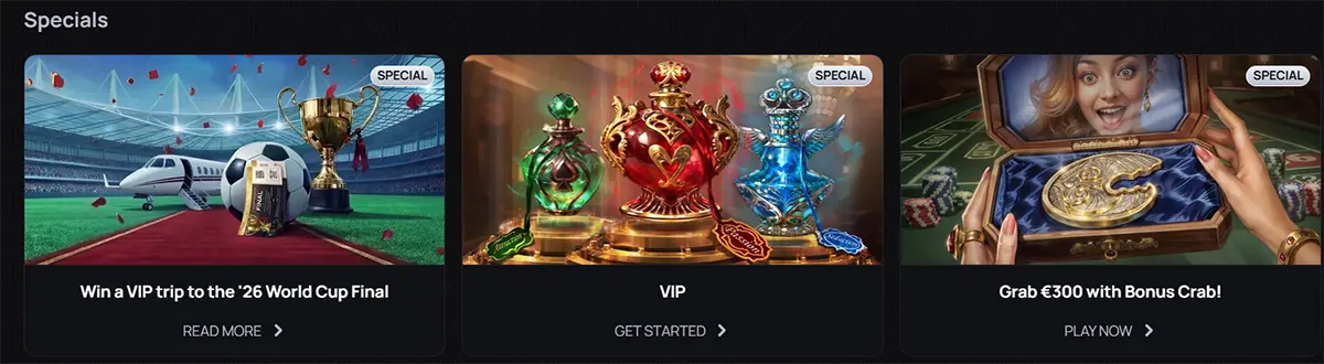 Casino specials section displaying three promotional cards: a VIP trip to the 2026 World Cup Final, a VIP program with exclusive rewards, and a “Bonus Crab” offer with €300, each with call-to-action buttons on a dark-themed interface.