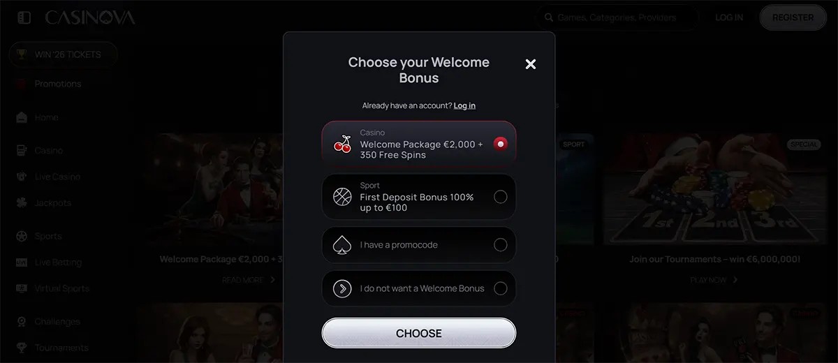 Casino welcome bonus selection popup in English with options including a casino welcome package (€2,000 + 350 free spins), a sports deposit bonus up to €100, promo code entry, or opting out, with a “Choose” button on a dark interface.