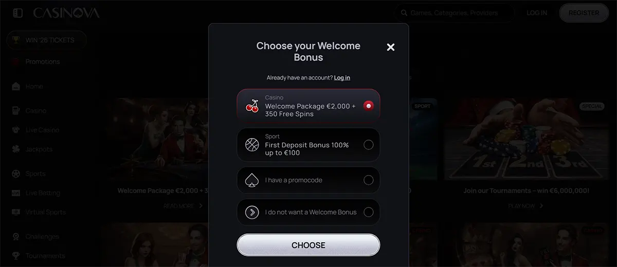 Casino welcome bonus selection popup in English with options including a casino welcome package (€2,000 + 350 free spins), a sports deposit bonus up to €100, promo code entry, or opting out, with a “Choose” button on a dark interface.